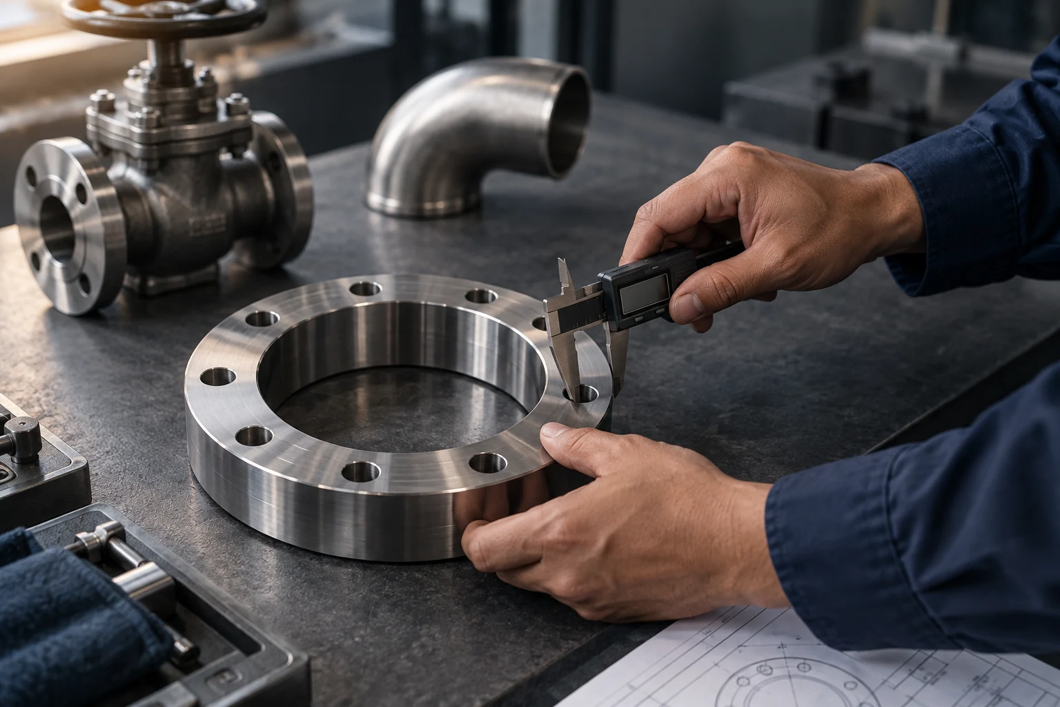 Illustrative technician hands inspecting a machined flange with a caliper