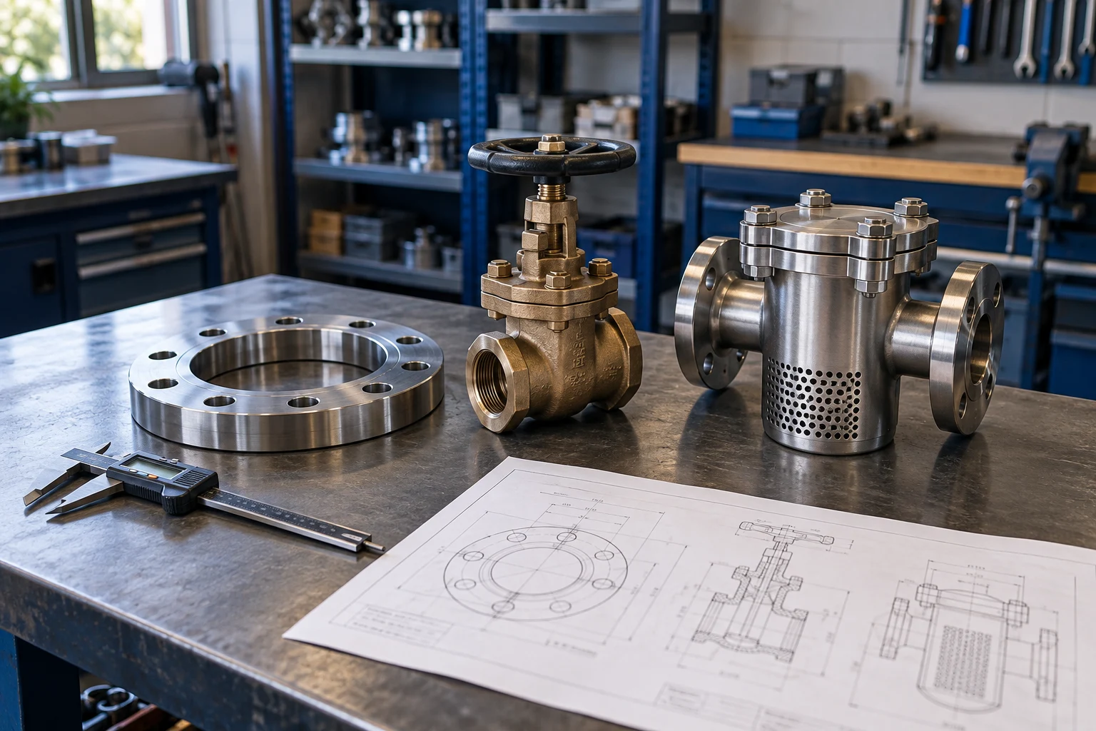 Illustrative engineered components and technical drawings on an inspection workbench