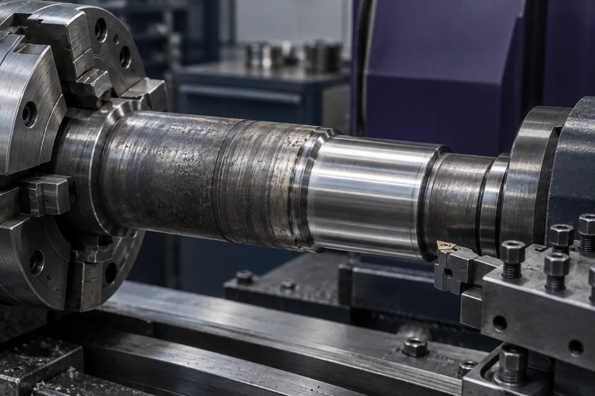 Illustrative worn industrial shaft with a restored bearing journal in a machining fixture