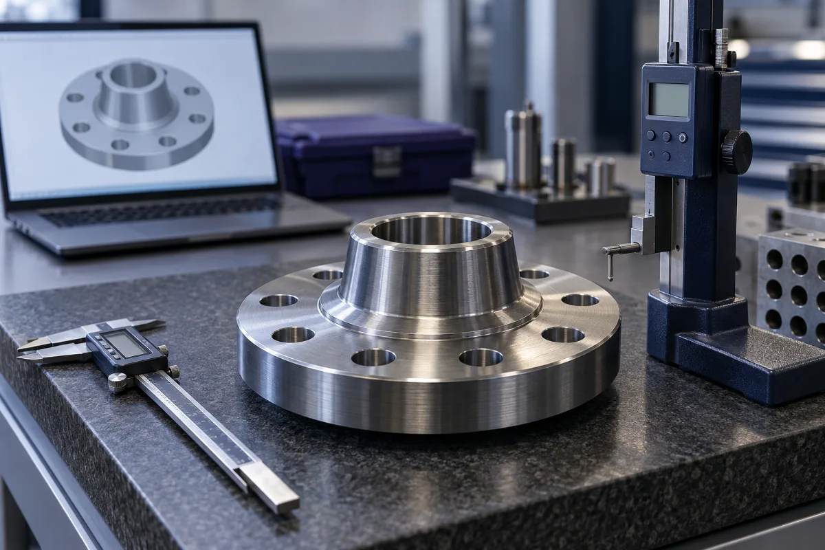Illustrative steel flange with dimensional inspection tools and a CAD model